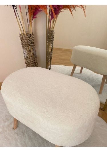 Oval Model Ahşap Ayaklı Teddy Kumaş Dekoratif Puf