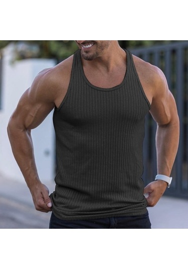 Novahub Koyu Gri Su Erkek Düz Renk Sıkma İlkbahar/yaz Örgü Dikey Şerit Vücut Geliştirme Fitness Yelek Erkek I-line Yelek - M Koyu Gri