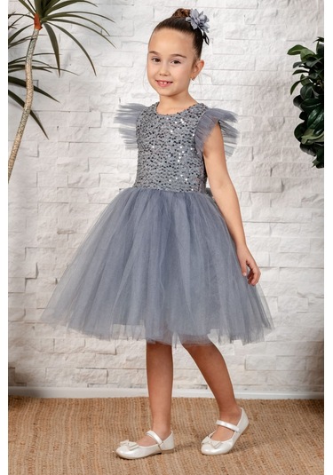Tüllü Kız Çocuk Kpl Elbise Mnk0526 Gri