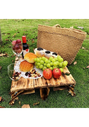 Xiaaokeji Ahşap Dış Mekan Katlanır Piknik Masası, Dönüştürülebilir Depolama Ahşap Sepet Kahverengi