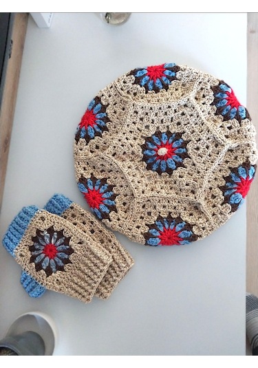 Ressam Bereli Fular Eldiven Takımı , El Yapımı Bere Şal Set Bej
