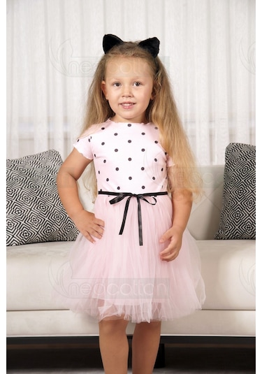 Puantiyeli Kız Çocuk Kısa Kollu Doğum Günü Ve Özel Günler İçin Tüllü Elbise Kısakol-pembe Pembe