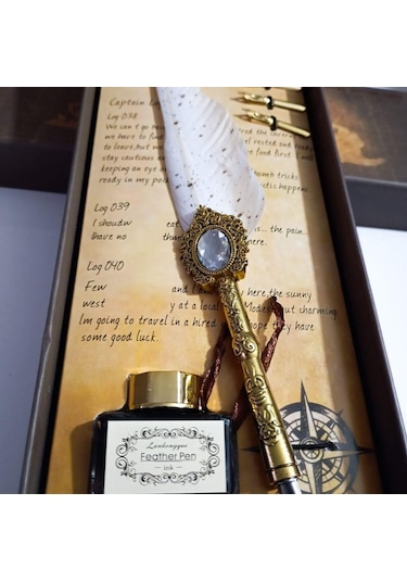 Kişiye Özel Retro Tüylü Divit Kalem Seti - Özel Kutulu Yazı Kalemi Ve Mürekkep Seti 606