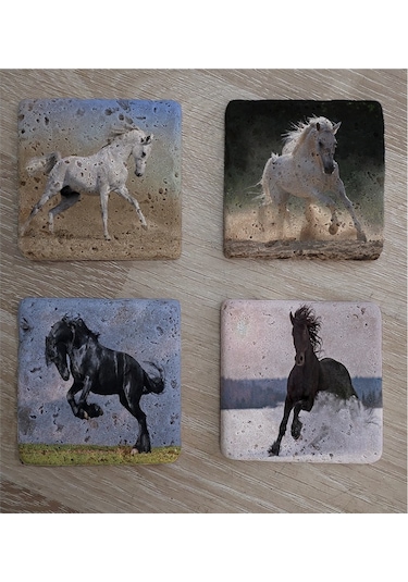 Koşan Atlar Doğal Taş Bardak Altlığı 4'lü Set - Natural Stone Coasters-174216 Çok Renkli