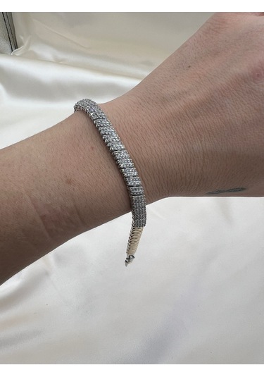 Çelik Balıksırtı Taşlı Bileklik Altın - Gümüş