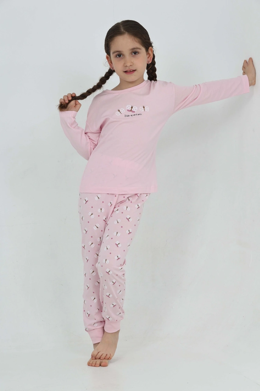 Toontoy Kız Çocuk Kelebek Baskılı Pijama Takım Açık Pembe