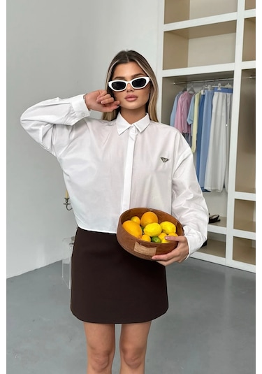 Jee Lee Kadın Uzun Kollu Aksesuar Detaylı Crop Gömlek Beyaz - 26y 2126 Beyaz