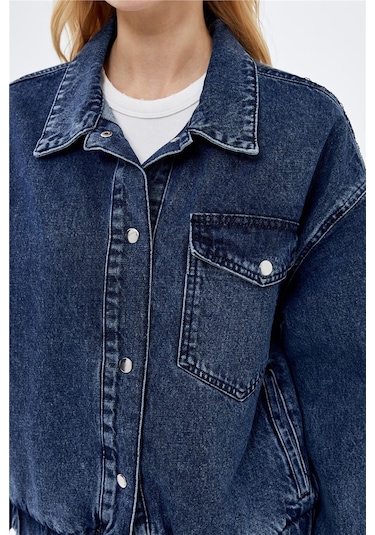 Koyu Mavi Cep Detaylı Denim Bomber Ceket-koyu Mavi Koyu Mavi