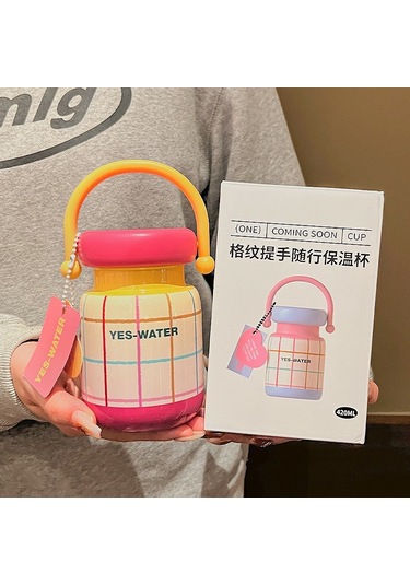 Kadınlar İçin Yüksek Görünüm Ve Taze Stile Sahip 304 Paslanmaz Çelik Vakumlu Matara Taşınabilir Ekose Seyahat Matarası Peach Pink