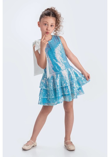 Etekli Şık Elbise Pullu 3 Kat Turkuaz