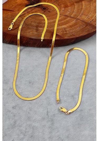 Yassı Gümüş Kolye Ve Bileklik Yaldızlı Sarı Renk Gümüş Takım Set-