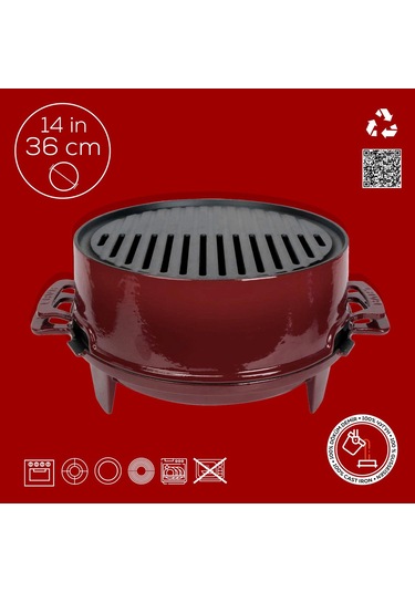 Lava Döküm Yuvarlak Mangal Izgara Set Döküm Demir Yekpare Çift Kulplu Çap Ø 36cm. Bordo
