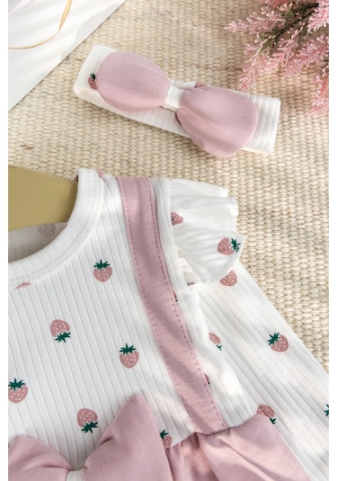 Pamuklu Fiyonklu Bandanalı Kız Bebek Tulum Pembe