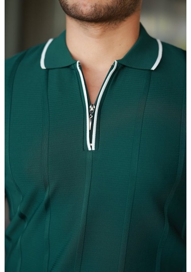 Erkek Dikey Kabartmalı Örgü Dokulu Fermuar Yakalı Tişört Yeşil