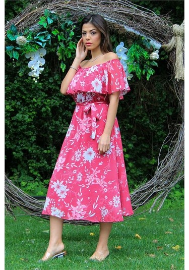 Neşeli Butik Kadın Fuşya Bağlama Detaylı Madonna Yaka Şifon Elbise Nb100371 Fuşya