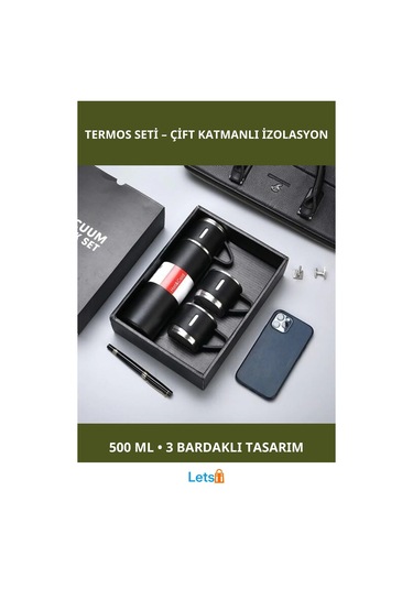 İki Katmanlı Isı Yalıtımlı 500 Ml Termos 3 Bardaklı Siyah Bordo Çok Renkli