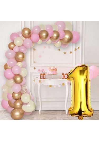 1 Yaş Krom Gold Pastel Pembe Ve Beyaz Balon Seti Gold Rakamlı Doğum Günü Balonu Şık Parti Süsleme Çok Renkli