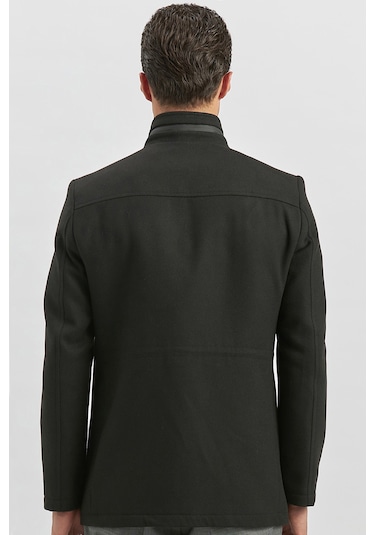Kaşe Dik Yaka Kapitoneli Astar Slim Fit Dar Kesim Klasik Kaban 1008245150-siyah Siyah