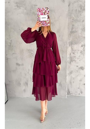 Neşeli Butik Kadın Astarlı Eteği Kat Kat Şifon Elbise Nbkklf2041 Bordo