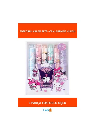 6'lı Fosforlu Kalem Seti Hello Kitty Kuromi Temalı Çok Renkli