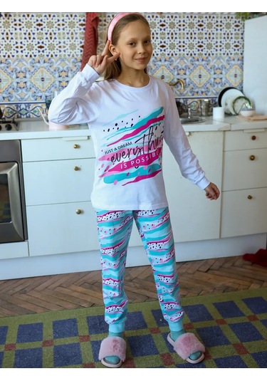 Miko Yumi Kız Çocukları İçin Pamuklu Pantolonlu Pijama 177620358 Mavi Buz