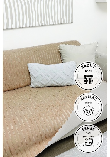 Kaymaz Taban Süngerli Kadife Koltuk - Çekyat Örtüsü 170x210 - Viz Vizon