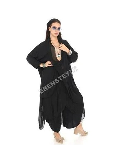 Italyan Büyük Beden Ipek Detaylı Oversize Kaftan & Bluz-9896 Siyah