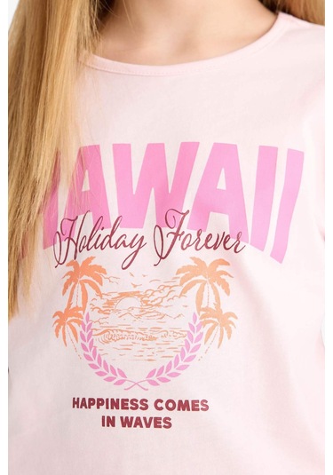 DeFacto Kız Çocuk Pijama Takımı Baskılı Kısa Kollu Tişört Çizgili Şort E6558A825SMPN343 Pembe