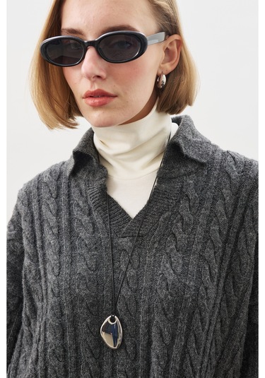 Yakalı Saç Örgü Kazak Antrasit Antrasit