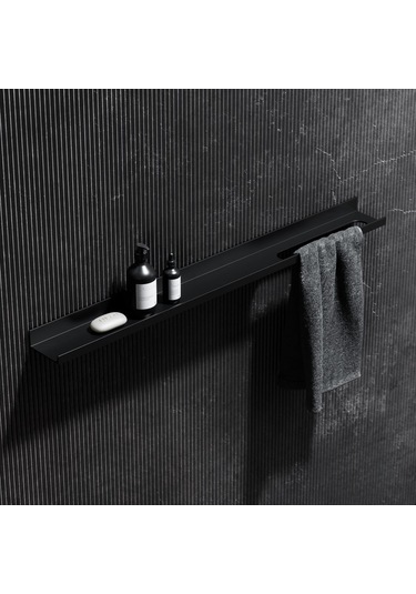 Metal Duvar Rafı Mat Siyah 60 Cm 1.5 Mm Çelik, Havlu Askılı Siyah