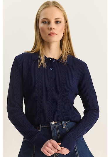 Shade Kadın Polo Yaka Patlı Regular Fit Triko Kazak 20258063 - Lacivert