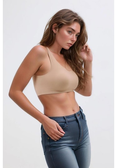 Kahverengi Dikişsiz Lazer Kesim Sütyen Pedli Kadın Hayalet Sütyen Dalga Detaylı Kahverengi