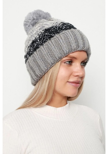 Ponpon Detay Örgü İçi Kürklü Kadın Bere Rkş-21 Gri Gri