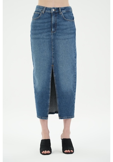 Orta Mavi Yüksek Bel Önü Yırtmaçlı Jean Etek C 4532-045 Orta Mavi