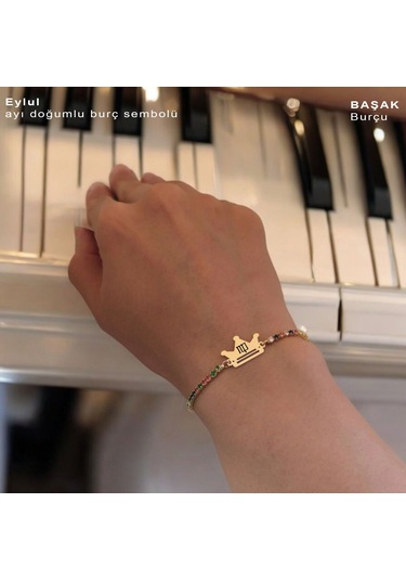 Eylül Ayı Doğumlarına Renkli Taş Desenli Taç Motifli 14 Ayar Altın Plakalı Hediye Bileklik-489ay Eylül