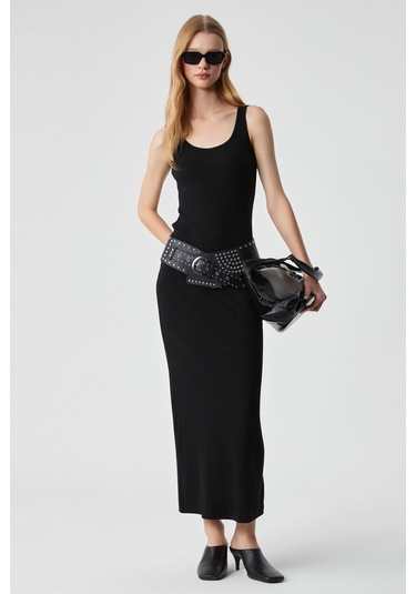 GRIMELANGE Sofutey Kadın Slim Kolsuz Oyuk Yaka Düz Paça Siyah Elbise Siyah