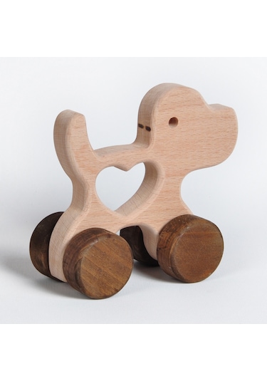 Ahşap El Yapımı Doğal Montessori Kalpli Köpek Tekerlekli Oyuncak