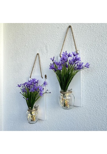 Led Işıklı, Lila Nergis Çiçekli Duvar Dekoru Beyaz İkili Set Beyaz