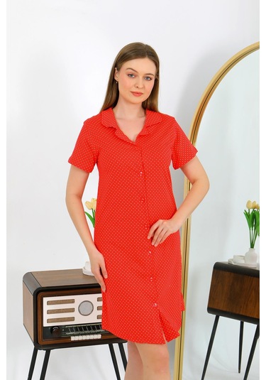 Akbeniz Kadın Pamuk Penye Kısa Kol Düğmeli Kırmızı Tunik Gecelik 13112 Kırmızı
