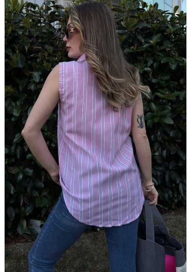 Kadın Gül Kurusu Çizgili, Dokulu Yazlık Kumaş, Yarım Patlı, Sıfır Kollu Bluz Gul Kurusu