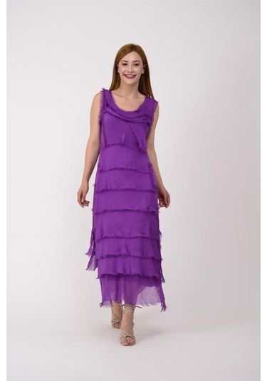 Italyan 2 Beden İnce Gösteren Kat Kat Kolsuz Ipek Elbise Mor