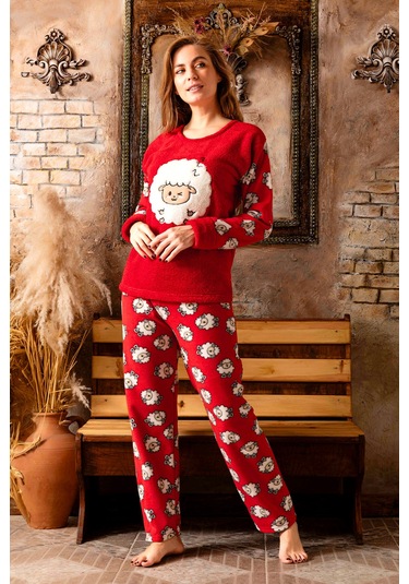 Nisanca Kışlık Kadın Welsoft Polar Pijama Takımı - Yeni Yıl Pijaması Kırmızı