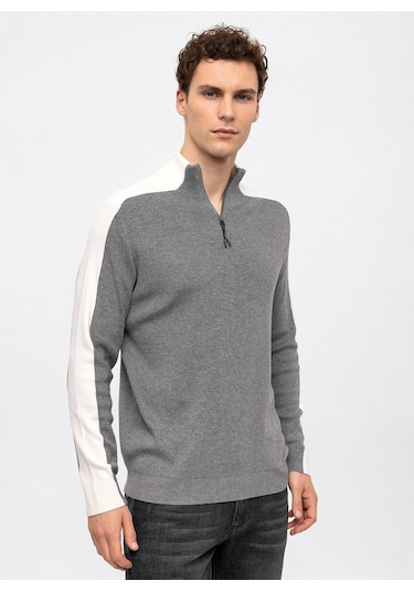 Dik Yaka Regular Fit Düz Gri Erkek Kazak B33w40029 001