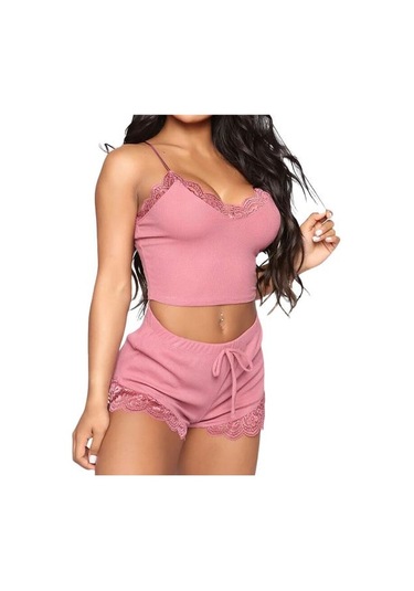 Pembe Kadın Gecelik Seti Kırpma Üst Nefes Bel-açık Kolsuz Bayan Gece Giysileri Uyku İçin Pembe