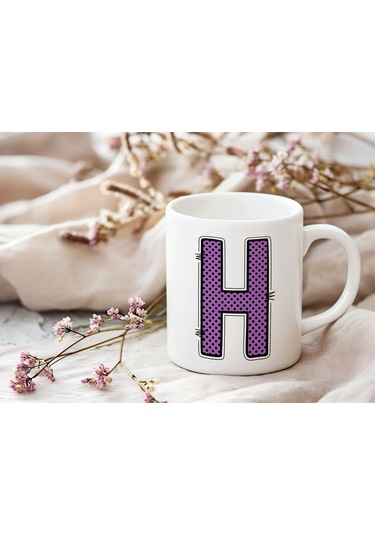 H Harfi Mor Puantiyeli Kupa Bardak - Polka Dot Tasarım Kahve Çay Bardak - Kişiye Özel Hediyelik Beyaz