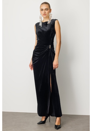 Ekol Kadın Beli Büzgülü Maxi Kadife Elbise 4141 Siyah Siyah