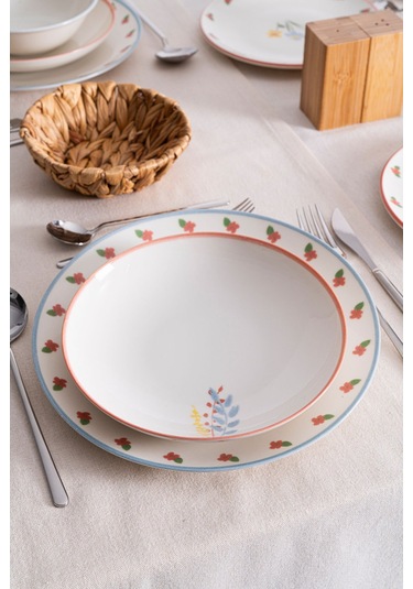 Liora Çiçek Desenli 20 Cm Porselen Yemek Tabağı - 6 Adet Açık
