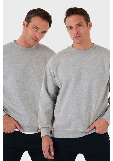 Buratti Regular Fit Bisiklet Yaka Şardonlu 2'Li Paket Erkek Sweat 5905255S2 Gri Melanj-Gri Melanj