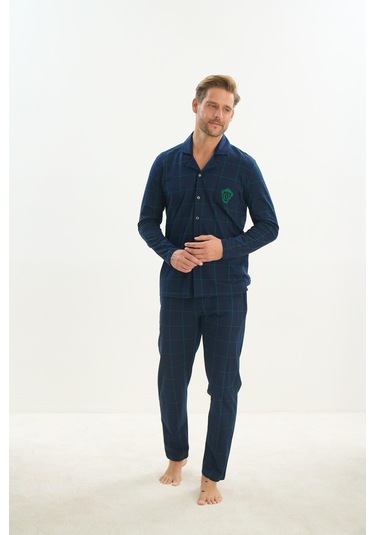 Erkek Uzun Kol Gömlek Yaka Önden Düğmeli Lacivert Pijama Takım C2t1n5o9 001