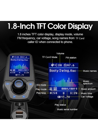 Xindoker Araç Mp3 Bluetooth Çalar, 1.8" Lcd Ekran, Qc3.0 Hızlı Şarj, Fm Transmitter, Ellerden Çıkarılmış Arama, Akü Gerilimi Tespiti, 12-24v